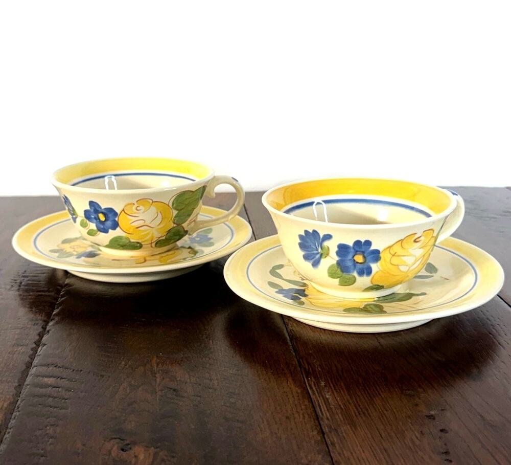 Vintage Red Wing Tea Cups & Saucers Set of 2 | Hand Painted Yellow Blue Flowers